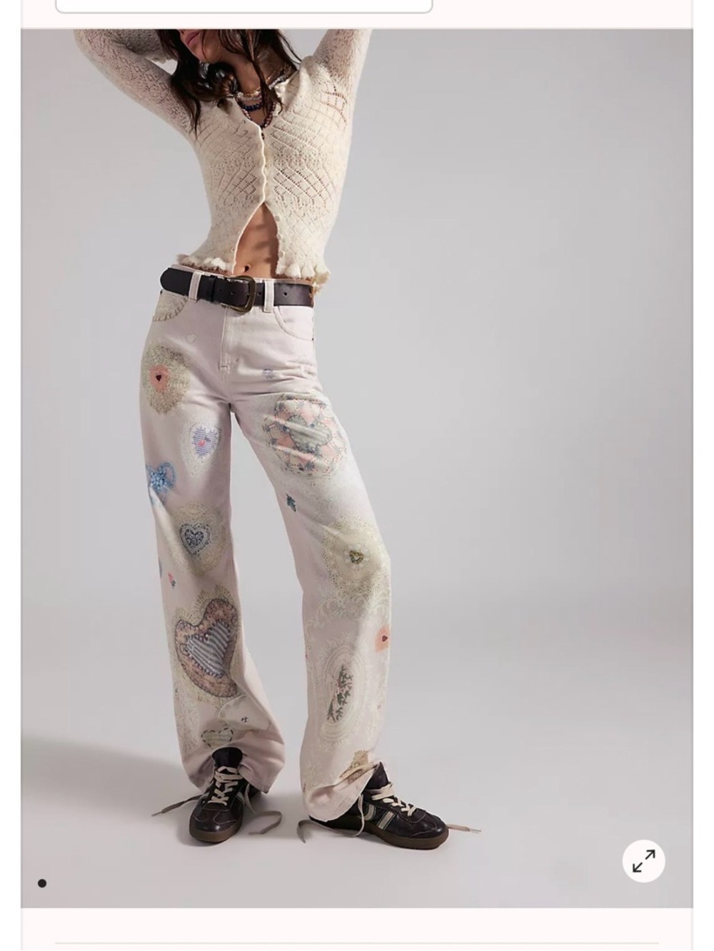 We The Free Cream Wide-Leg Jeans with Pastel Heart Embroidery